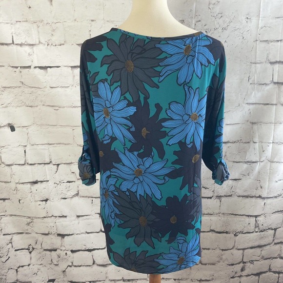 Loft Blue Floral Blouse Roll Tab Sleeve Size Small Polyester Chest Pocket - Picture 7 of 11